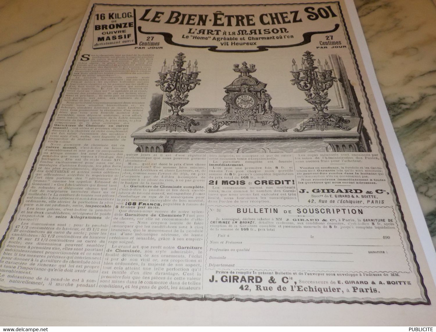 ANCIENNE PUBLICITE L'ART A LA MAISON AVEC GIRARD 1902 - Orologi Da Muro