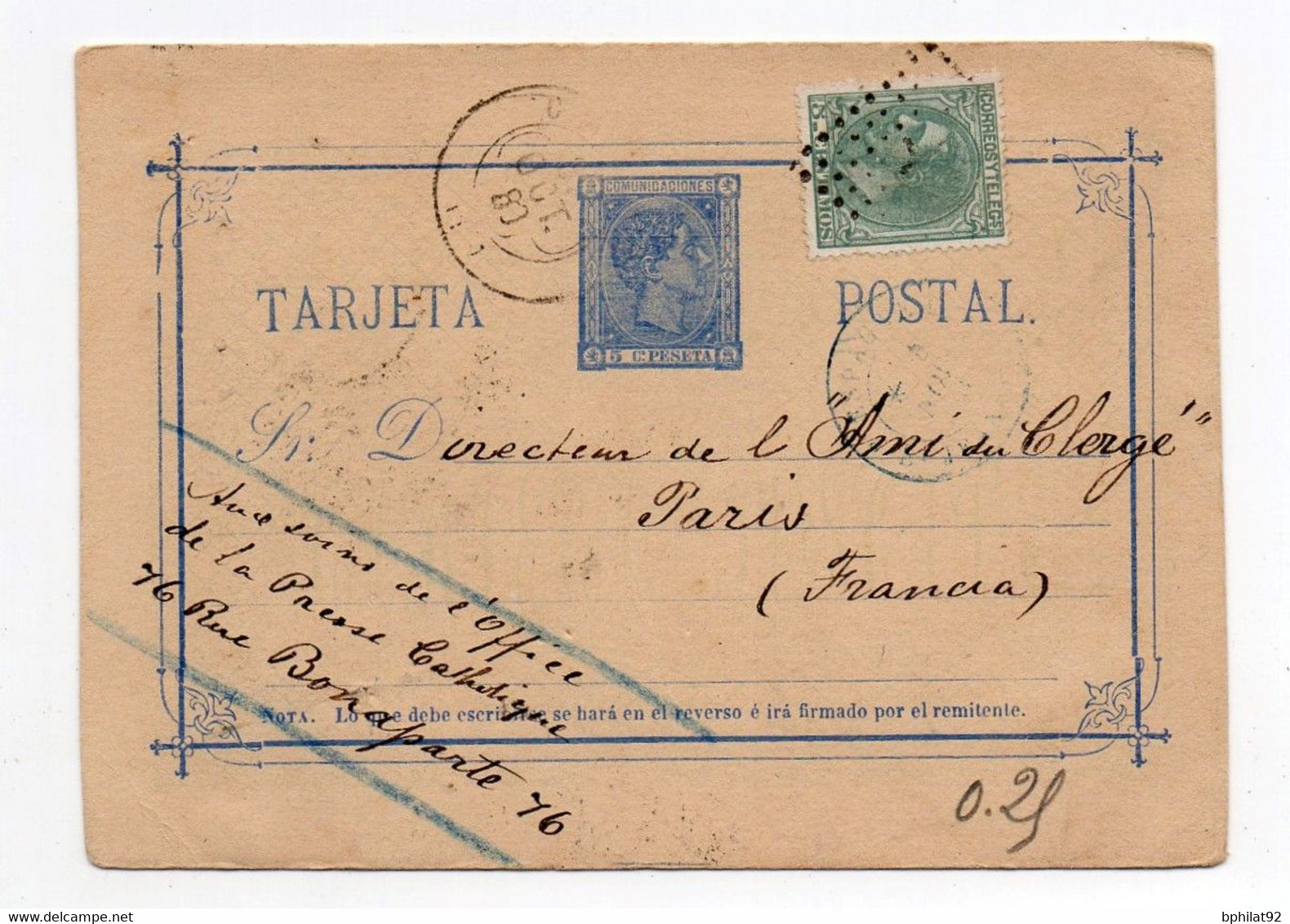 !!! ESPAGNE, ENTIER POSTAL DE 1880 POUR PARIS, CACHET AU DOS ESTAFETA DE CAMBIO, MADRID - Covers & Documents