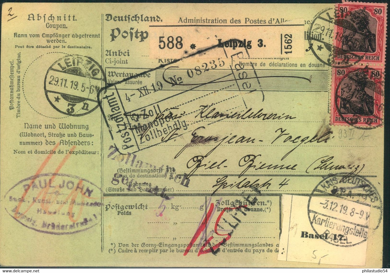 1919, 80 Pfg. Germania Im Senkrechten Paar Auf Paletkarte Ab LEIPZIG 3 In Die Schweiz - Cartas & Documentos