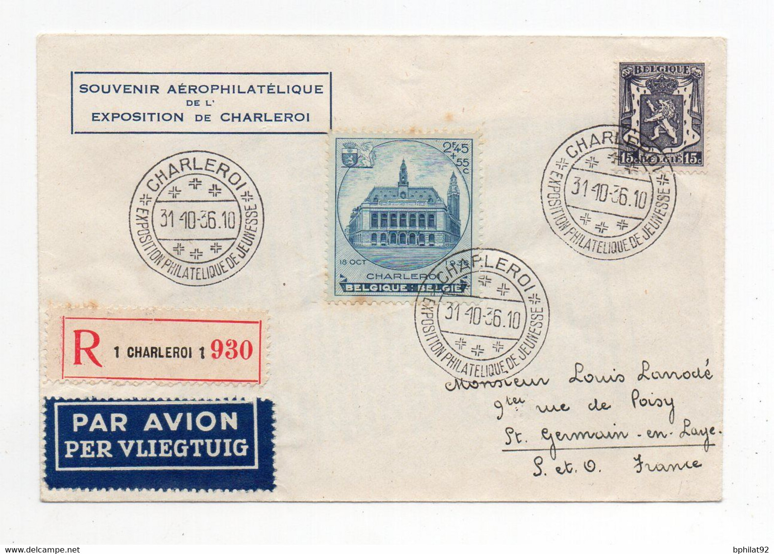 !!! BELGIQUE, SOUVENIR AEROPHILATELIQUE DE L'EXPO DE CHARLEROI, LETTRE RECO PAR AVION DE 1936 POUR LA FRANCE - Covers & Documents