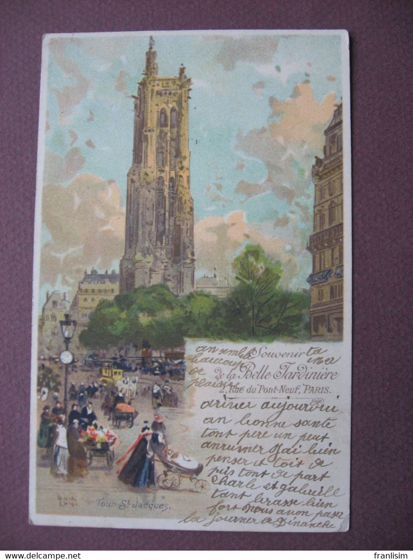 CPA ILLUSTRATEUR LUIGI LOIR Paris Tour Saint Jacques CARTE PUBLICITAIRE Magasin BELLE JARDINIERE 1906 - Loir