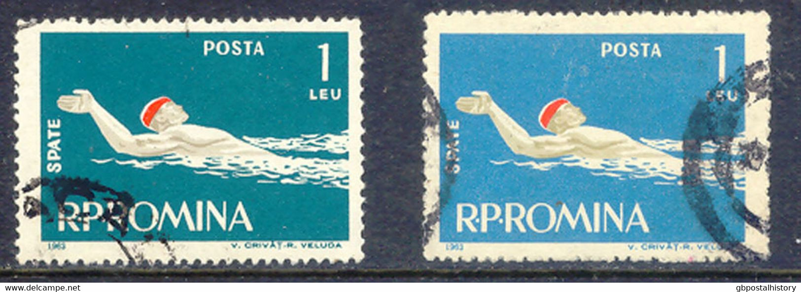 RUMÄNIEN 1963 Schwimmsport 1 L. Rückenschwimmer, Gest. ABART: Fehlende Farbe Gelb (Hintergrund Blau Statt Grünblau), RR! - Variedades Y Curiosidades