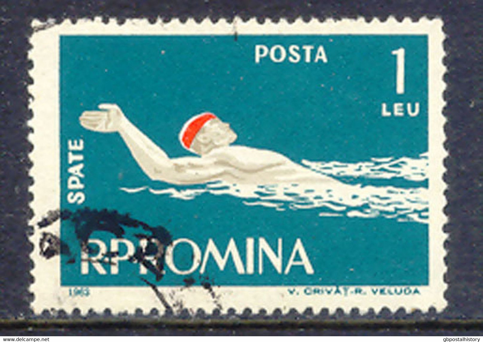 RUMÄNIEN 1963 Schwimmsport 1 L. Rückenschwimmer, Gest. ABART: Fehlende Farbe Gelb (Hintergrund Blau Statt Grünblau), RR! - Variétés Et Curiosités