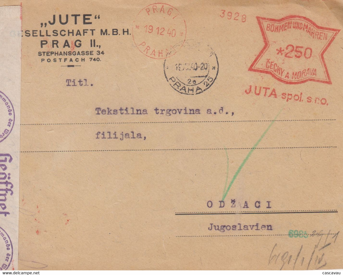 Enveloppe   TCHECOSLOVAQUIE   BOHEME  MORAVIE   Oblitération  Mécanique  PRAGUE   1940 - Briefe U. Dokumente