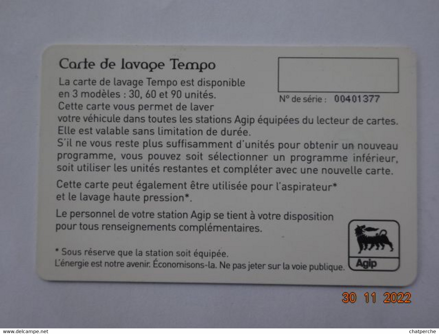 LAVAGE AUTO CARTE A PUCE CHIP CARD CARTE WASH TEMPO 60 AGIP - Car-wash