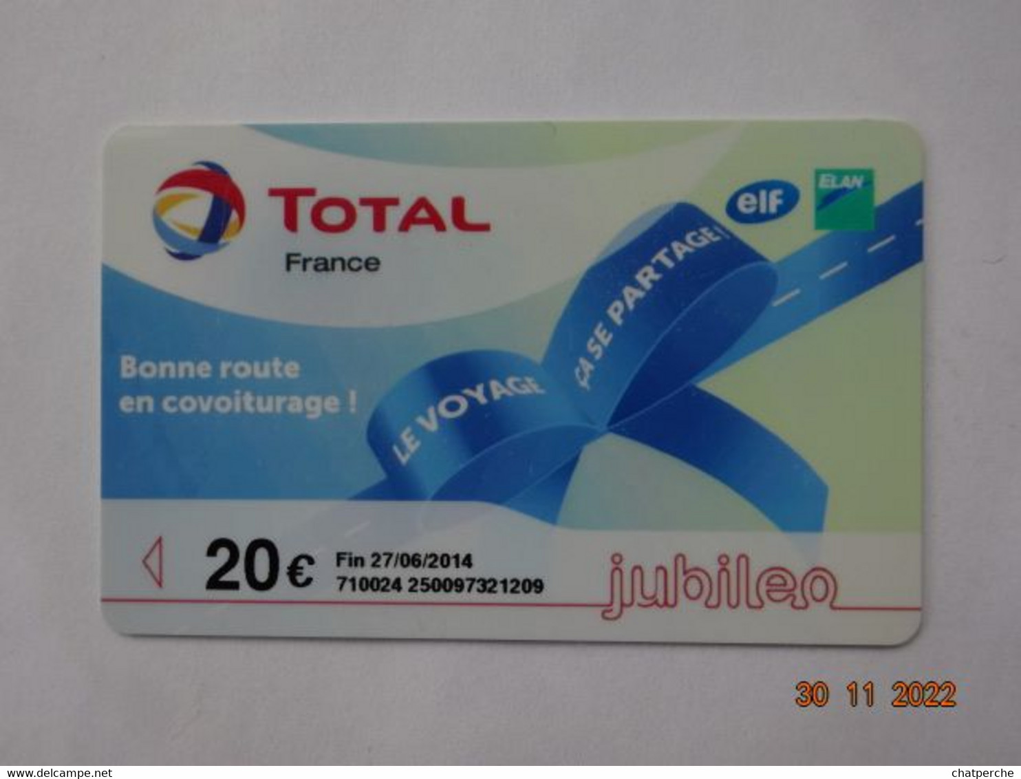 LAVAGE AUTO CARTE BANDE MAGNETIQUE CARTE TOTAL   20 € COVOITURAGE JUBILEO - Car Wash Cards