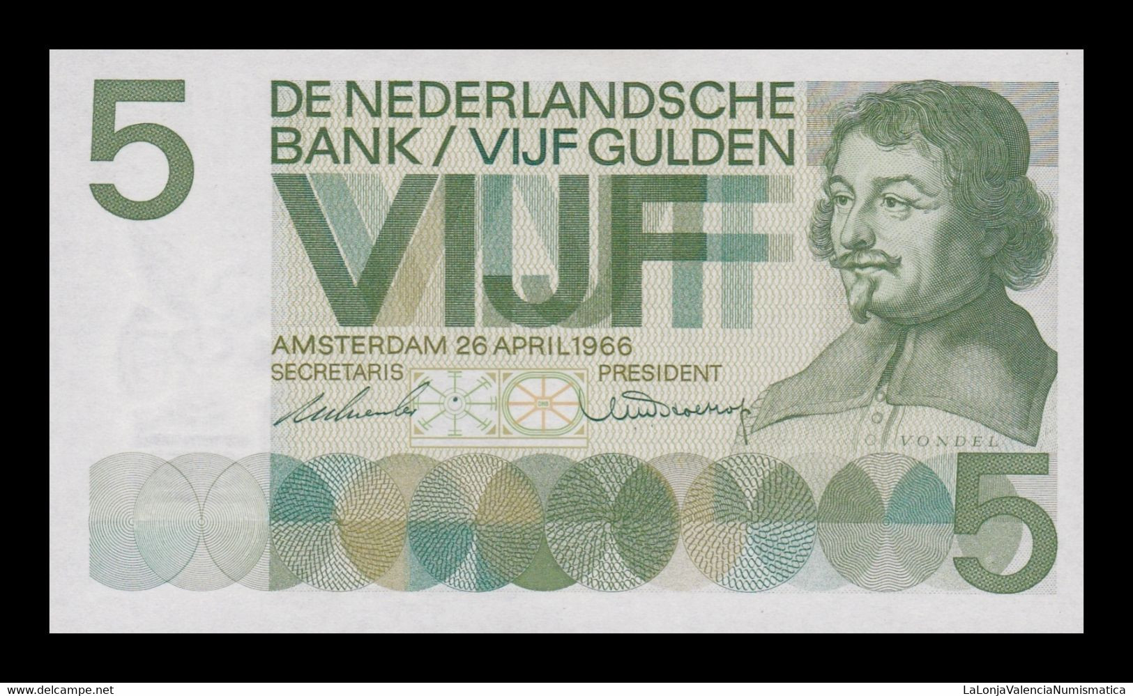 Holanda Netherlands 5 Gulden Joost Van Den Vondel 1966 Pick 90a SC UNC - 5 Gulden