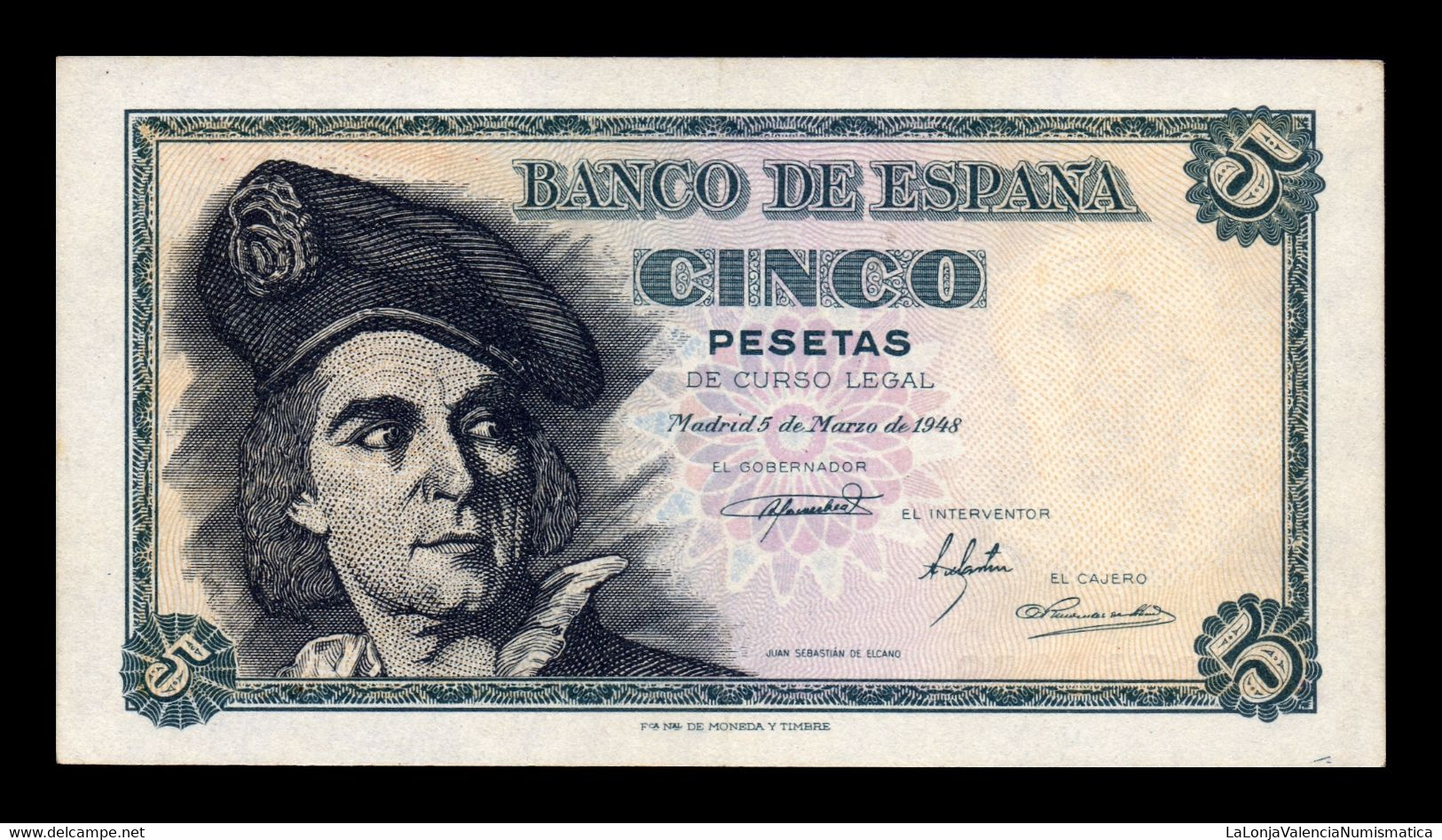 España Spain 5 Pesetas J. S. Elcano 1948 Pick 136 Sin Serie T. 288 EBC XF - 5 Pesetas