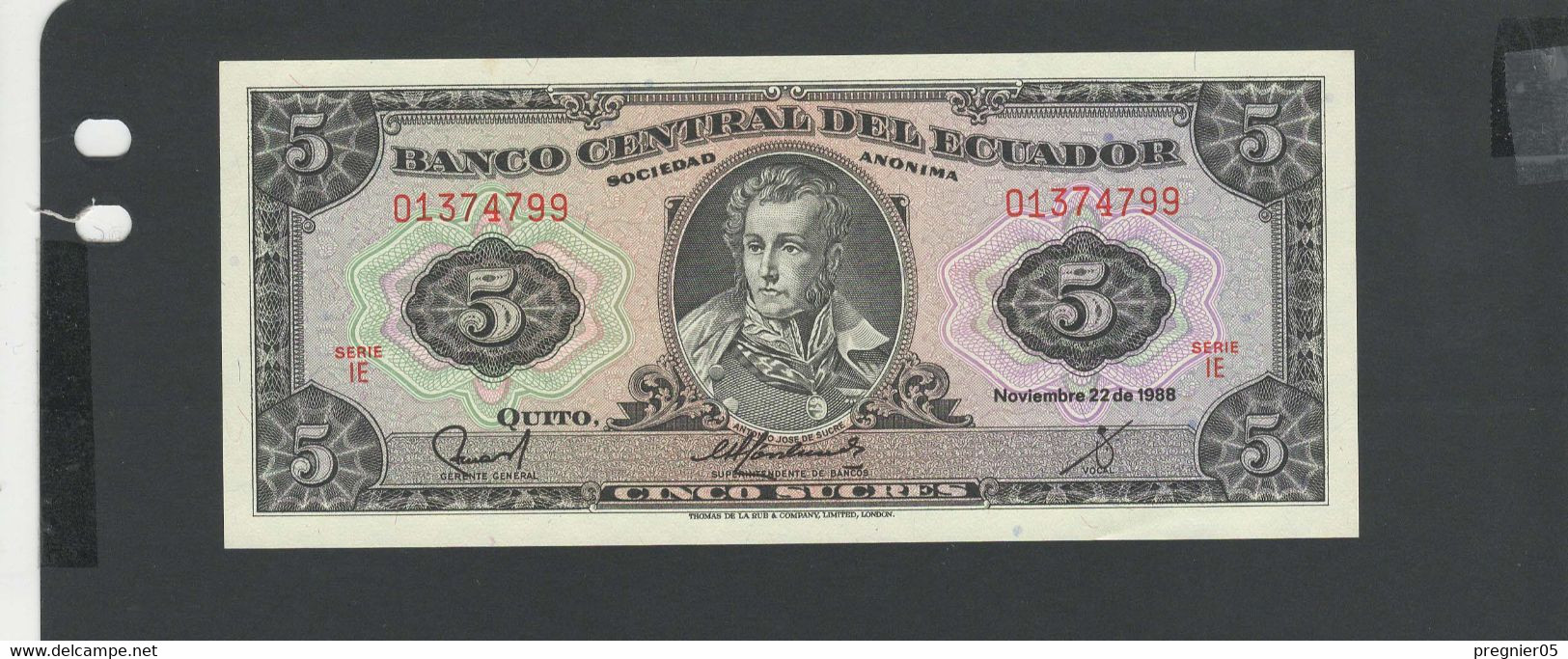 EQUATEUR - Billet 5 Sucres 1988 NEUF/UNC Gad.113d Série IE - Equateur