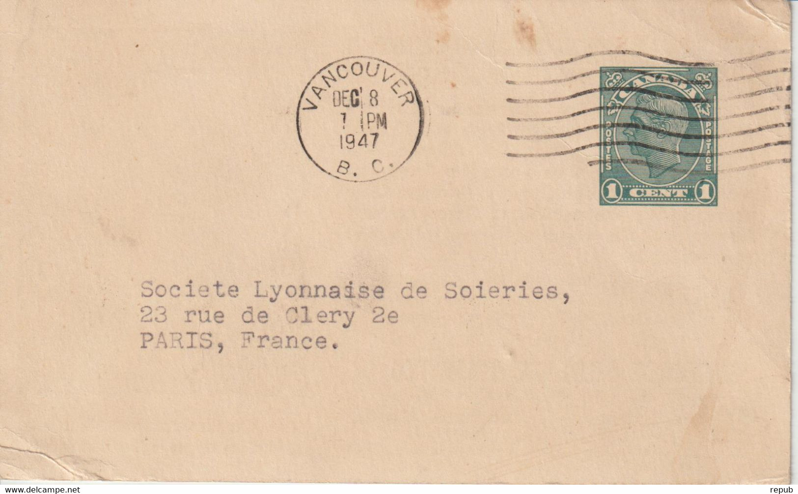 Canada 1947 Entier Avec Repiquage Trappeur Fourrures Pour La France - 1903-1954 Reyes