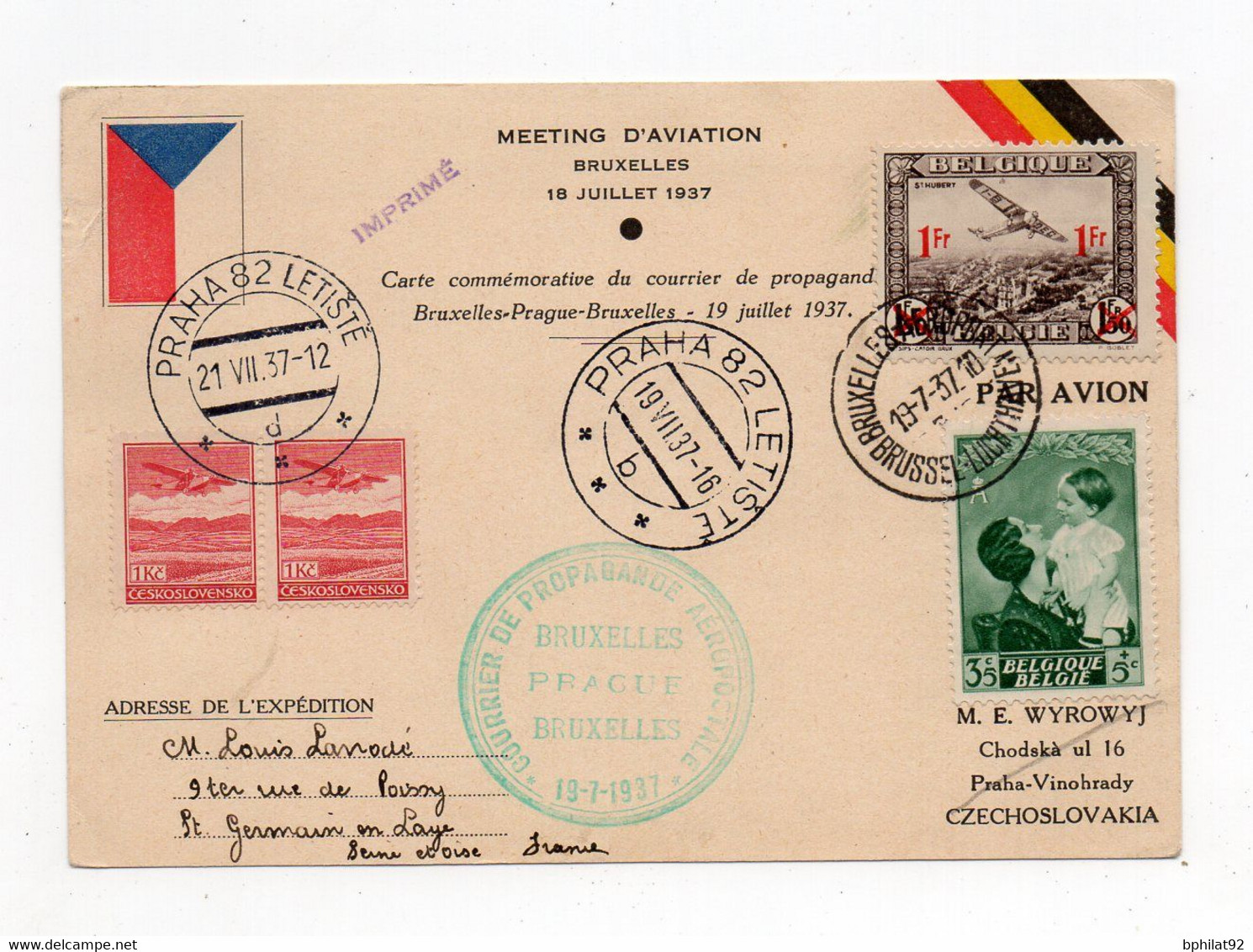 !!! BELGIQUE, CARTE COMMEMO DU COURRIER DE PROPAGANDE BRUXELLES - PRAGUE - BRUXELLES 19/7/1937 - Brieven En Documenten