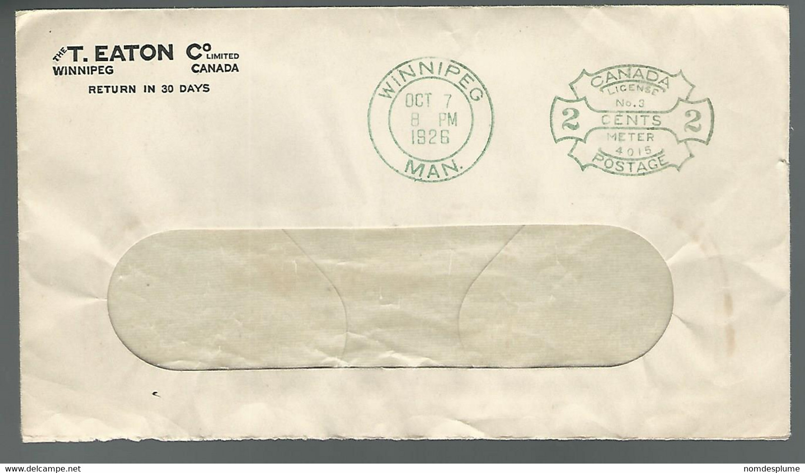 59570) Canada Business Stationery Meter Postmark Cancel Winnipeg 1926 - 1903-1954 Kings