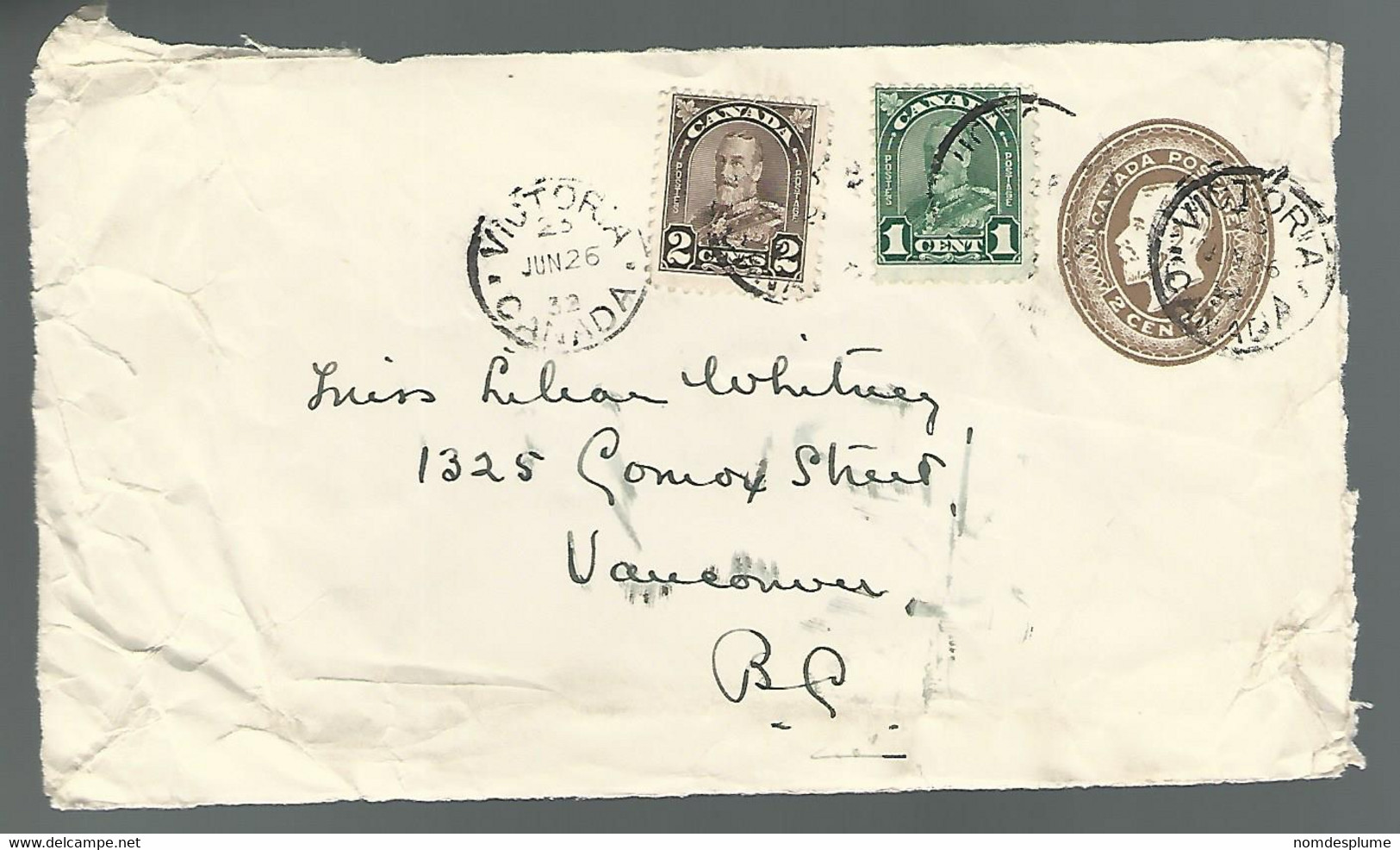 59572) Canada Postal Stationery Front Piece Only Postmark Cancel Victoria 1932 - 1903-1954 Kings