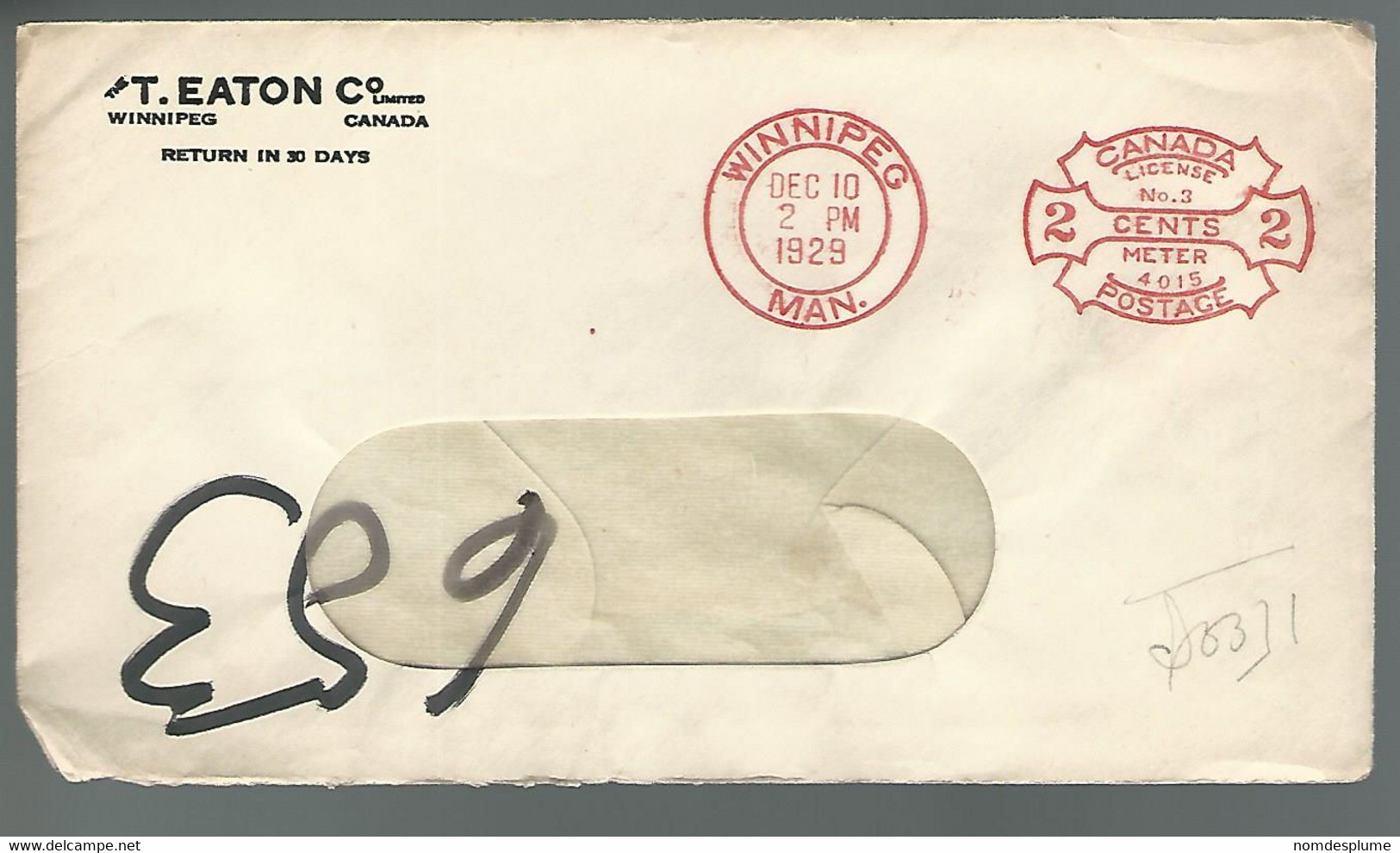 59581) Canada Business Stationery Metered Postmark Cancel Winnipeg 1929 - Covers & Documents