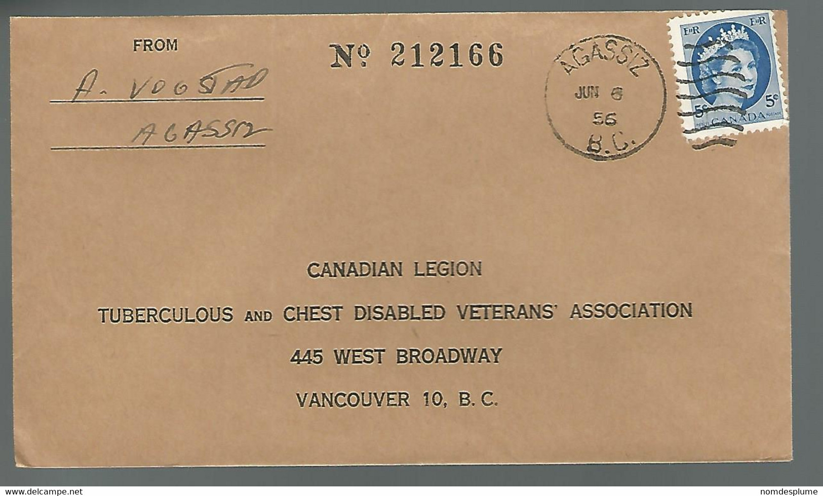 59586) Canada Postmark Cancel Duplex Agassiz 1956 - Brieven En Documenten