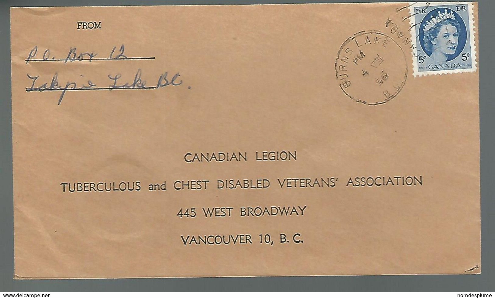 59588) Canada Postmark Cancel Burns Lake 1956 Closed Post Office - Brieven En Documenten