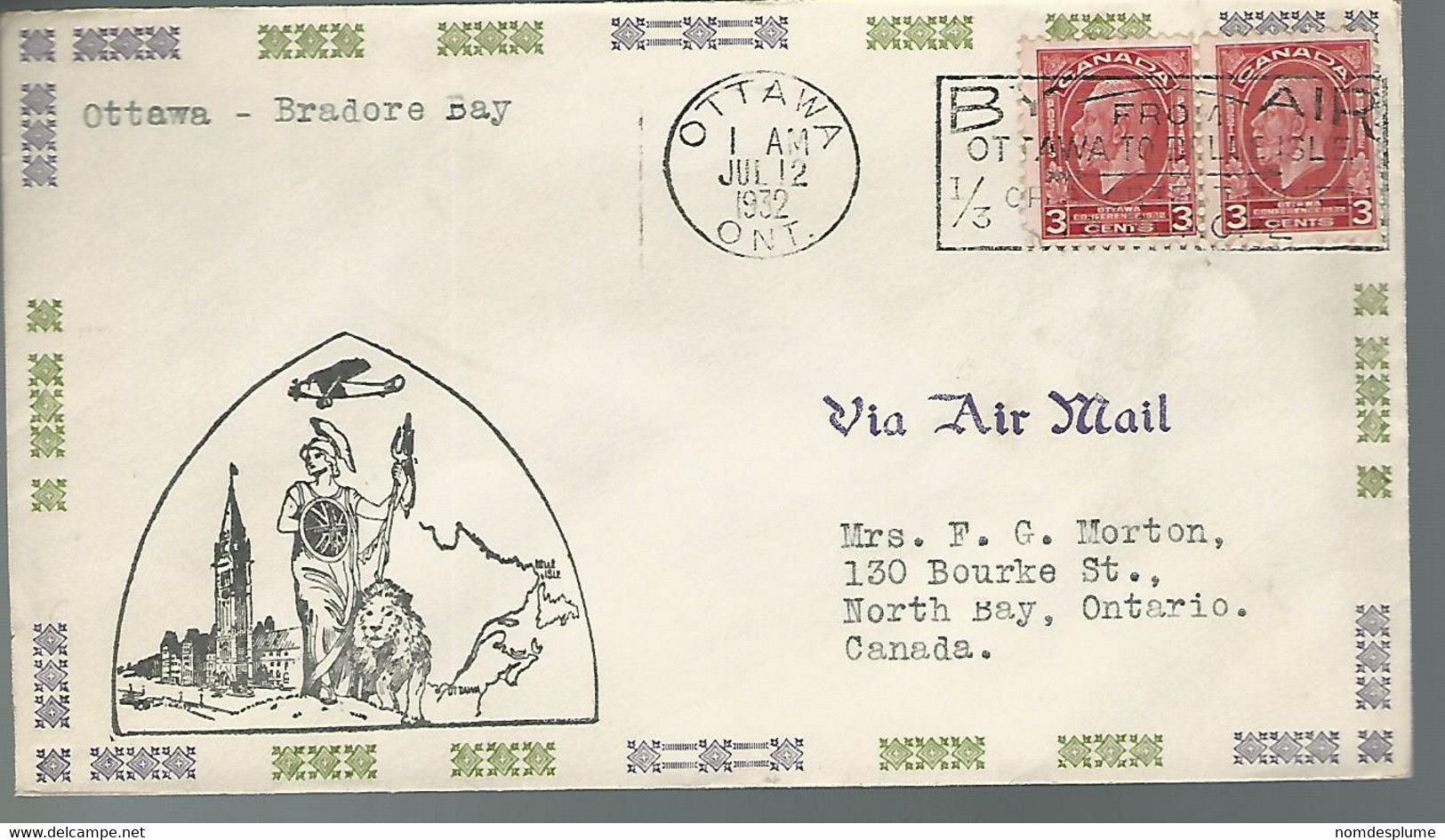 59597) Canada FDC First Flight Ottawa To Bradore Bay Postmark Cancel  Ottawa 1932 Air Mail Slogan - Eerste Vluchten