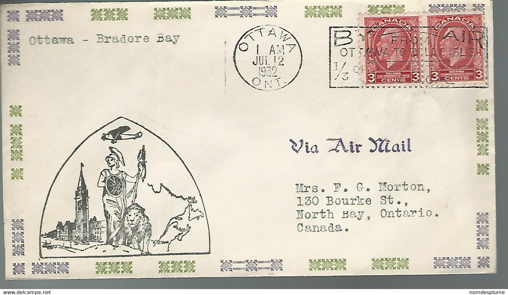 59597) Canada FDC First Flight Ottawa To Bradore Bay Postmark Cancel  Ottawa 1932 Air Mail Slogan - Primi Voli