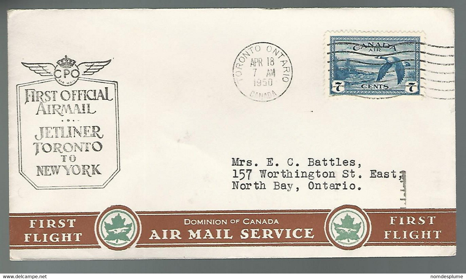 59598) Canada FDC First Flight Toronto To New York  Postmark Cancel  Toronto 1950 Air Mail - Erst- U. Sonderflugbriefe