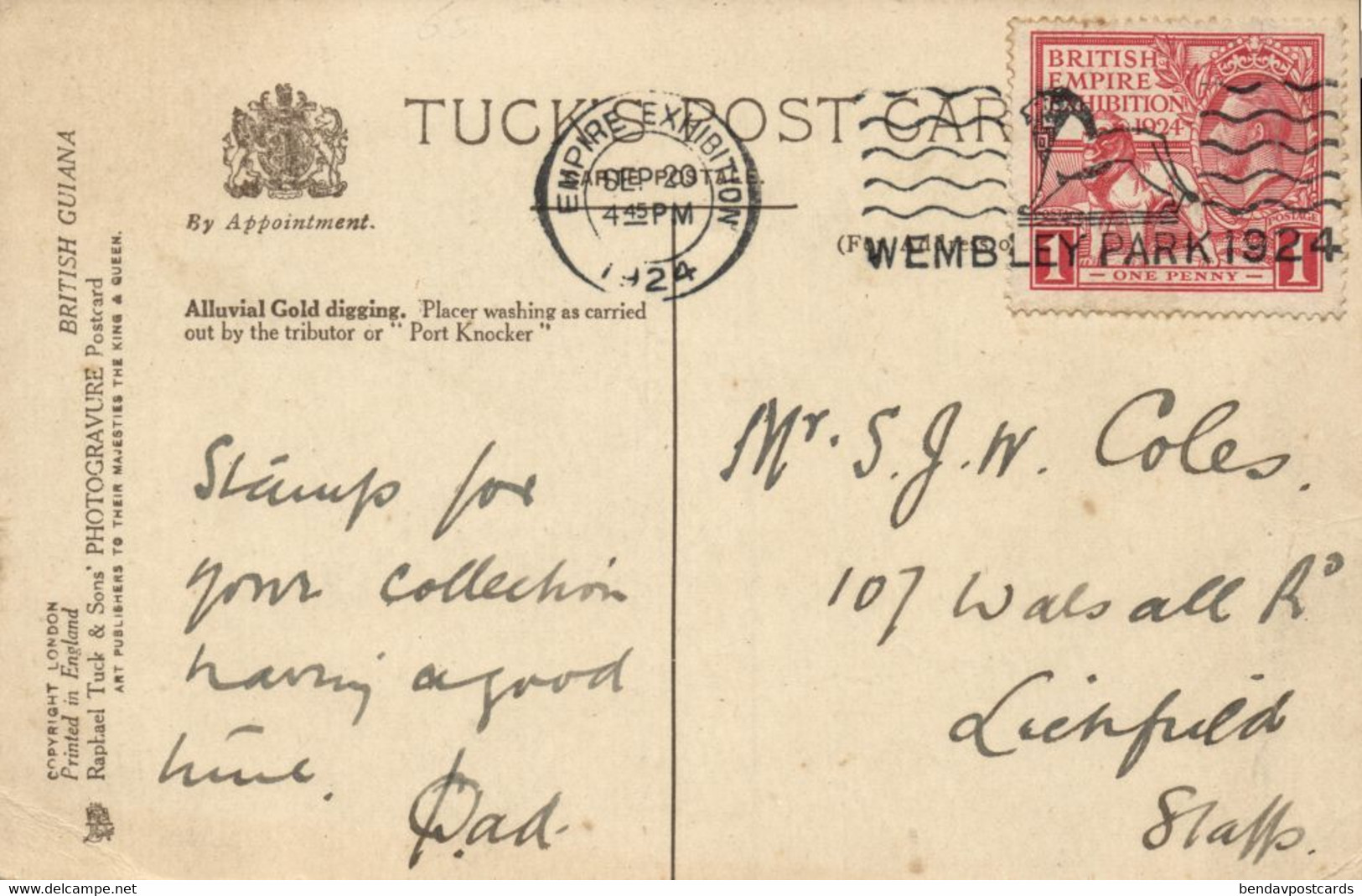 British Guiana, Guyana, Demerara, Alluvial Gold Digging (1924) Tuck Postcard - Guyana (formerly British Guyana)