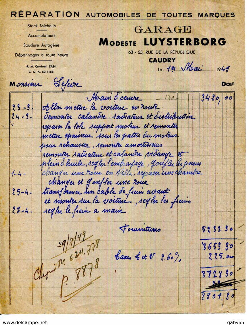 FACTURE.59.NORD.CAUDRY.REPARATION AUTOMOBILES DE TOUTES MARQUES.GARAGE MODESTE LUYSTERBORG 63-65 RUE DE LA REPUBLIQUE. - Cars