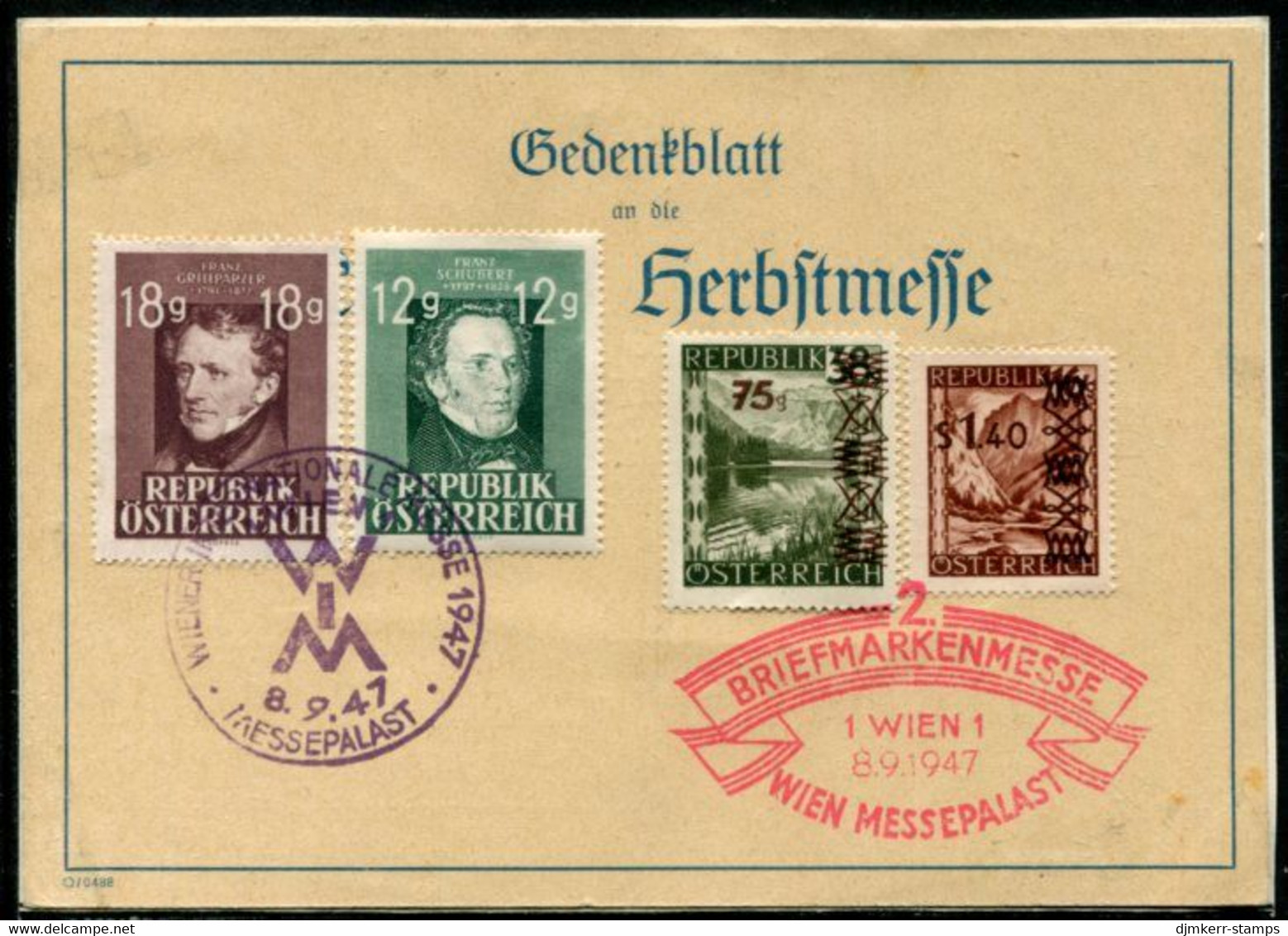 AUSTRIA 1947 Presentation Card With Postmarks Of Vienna Fair And Stamp Fair.  Michel 801, 02835-36 - Cartas & Documentos