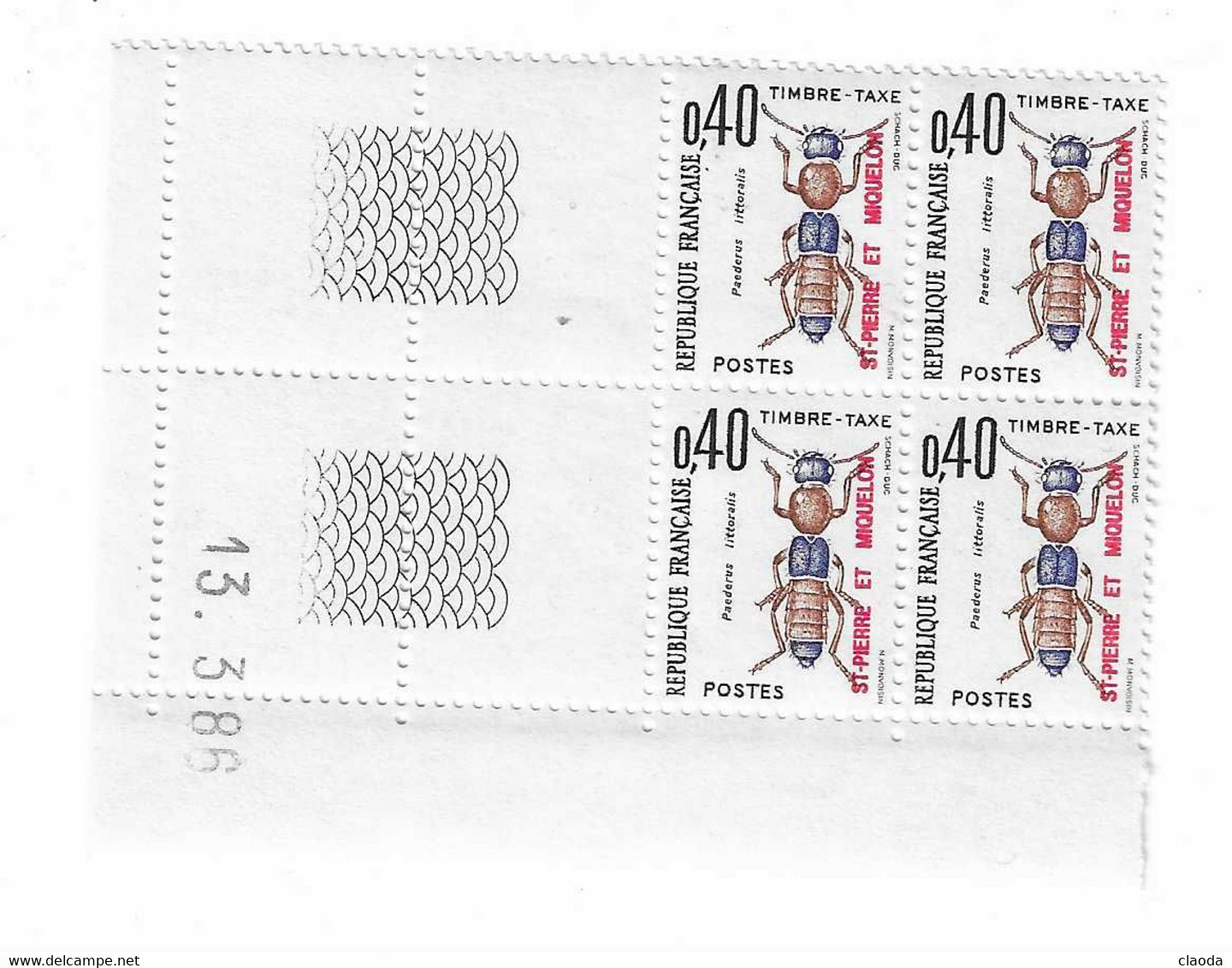 2 SPM - SAINT PIERRE ET MIQUELON - BLOC DE 4 TIMBRES -TAXE ( 0,40) COIN DATÉ - 13-3-85 - NEUF - Timbres-taxe