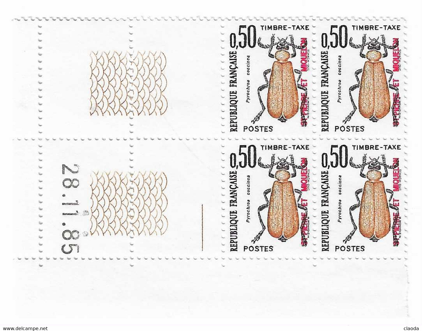 3 SPM - SAINT PIERRE ET MIQUELON - BLOC DE 4 TIMBRES -TAXE ( 0,50) COIN DATÉ - 28-11-85 - NEUF - Postage Due