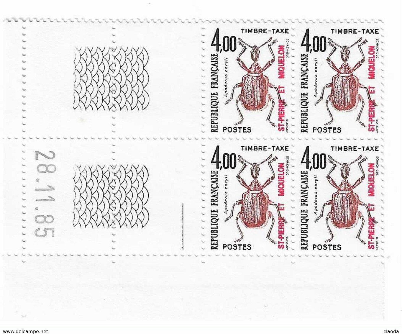 7 SPM - SAINT PIERRE ET MIQUELON - BLOC DE 4 TIMBRES -TAXE ( 4,00) COIN DATÉ - 28-11-85 - NEUF - Postage Due