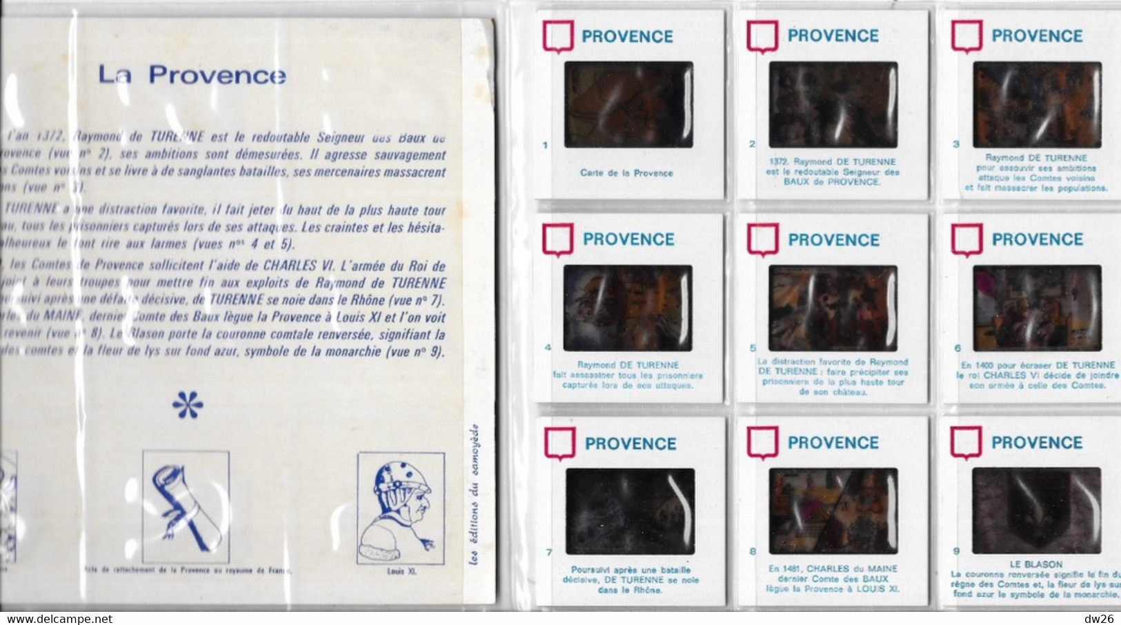 9 Diapositives France Lait Dans Pochette Plastique: La Provence (Histoire Et Légende Des Blasons De France) - Dias