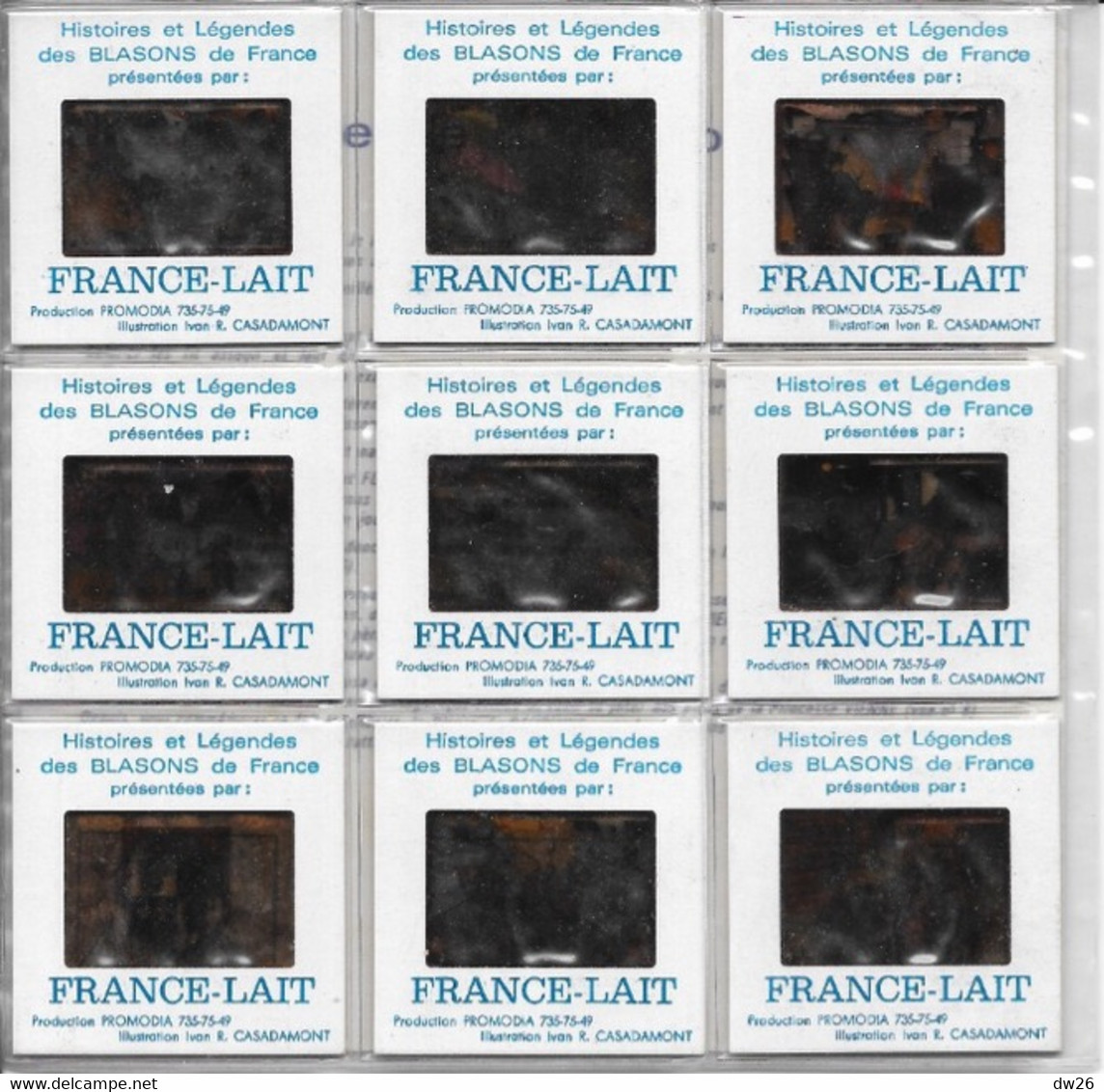 9 Diapositives France Lait Dans Pochette Plastique: Le Dauphiné (Histoire Et Légende Des Blasons De France) - Diapositives