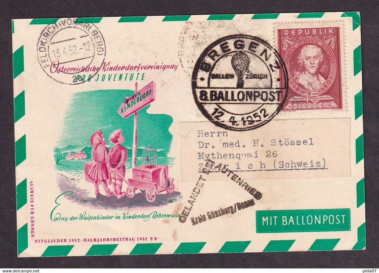AUSTRIA - 8 Ballonpost, Stationery Sent From Bregenza To Switzerland 12.04. 1952  / 2 Scan - Ballonpost