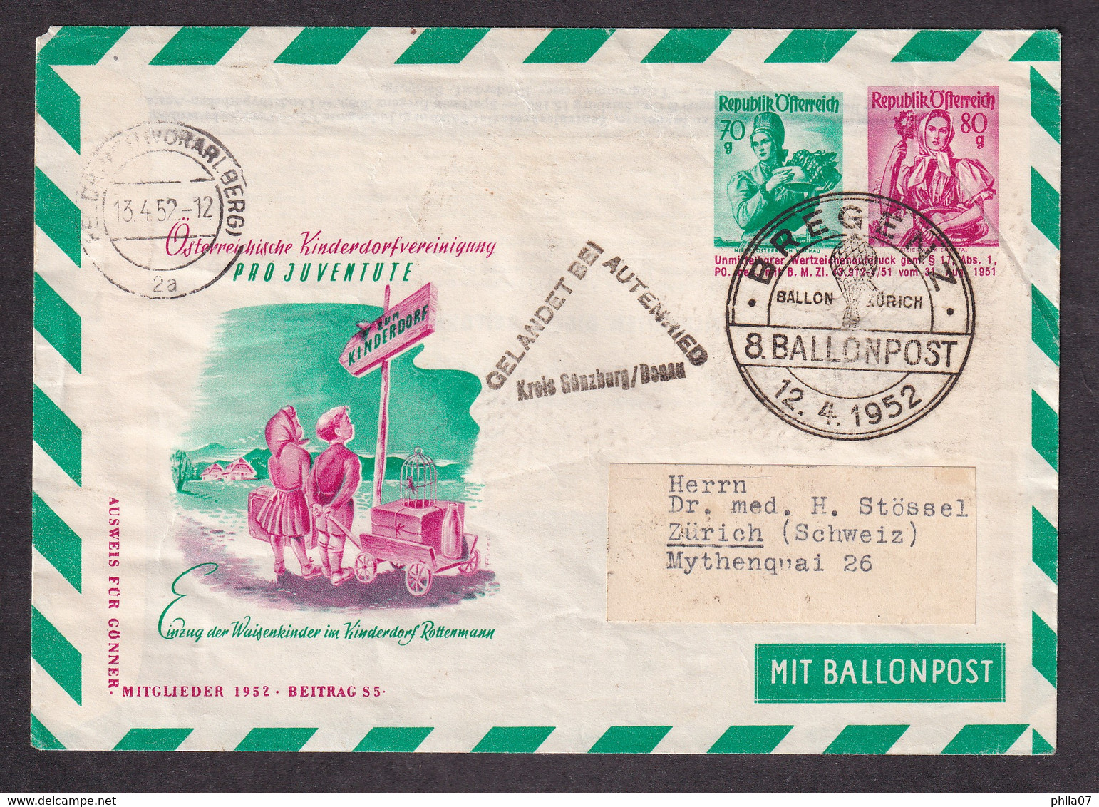 AUSTRIA - 8 Ballonpost, Envelope With Imprinted Value, Sent From Bregenza To Switzerland 12.04. 1952.  / 2 Scan - Balloon Covers