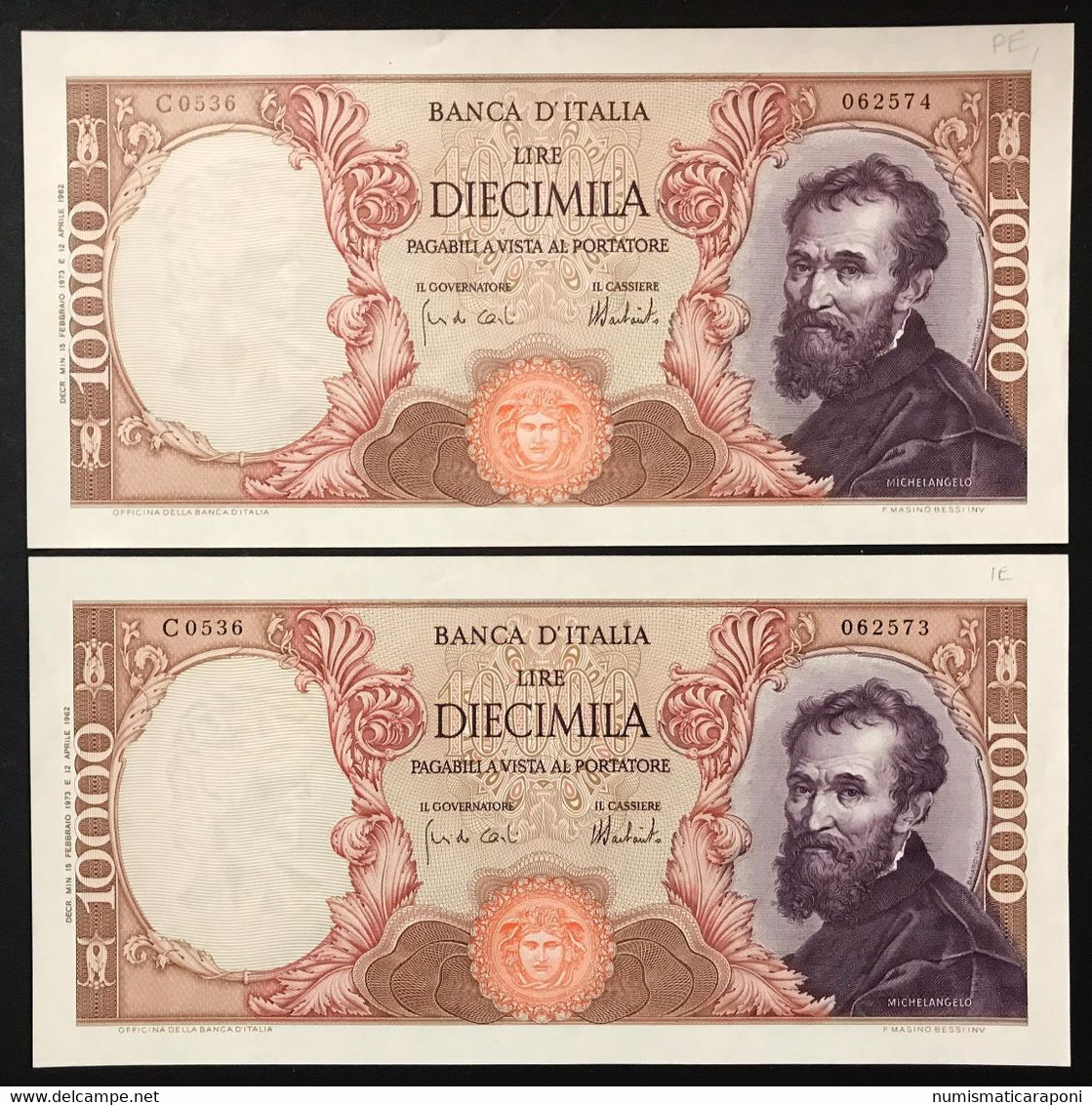 10000 Lire Michelangelo 15 02 1973  2 Es Consecutivi Spl/sup LOTTO 3392 - 10.000 Lire