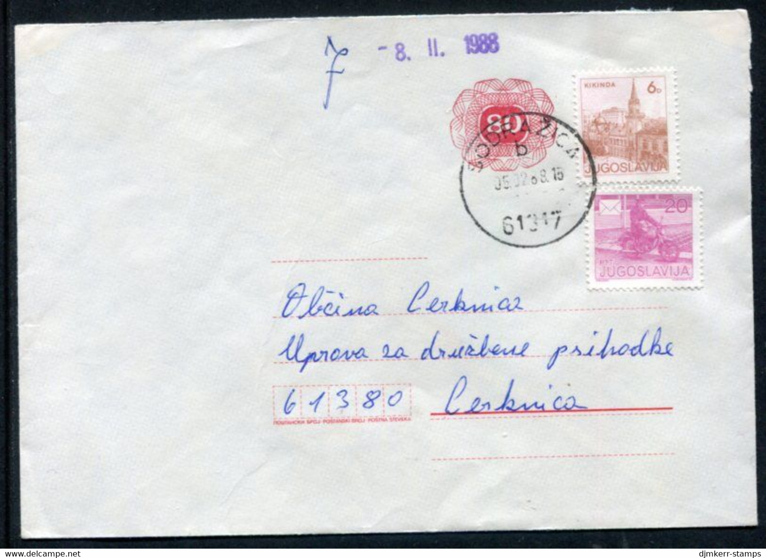 YUGOSLAVIA 1987 Posthorn 80/60 D.stationery Envelope  Used With Additional Franking.  Michel U78 - Postal Stationery