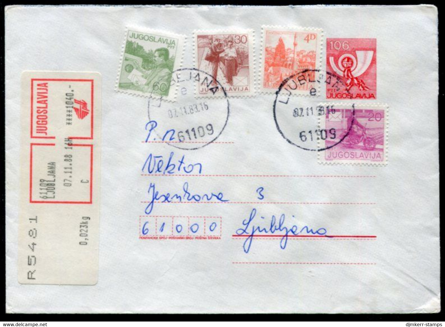 YUGOSLAVIA 1987 Posthorn 106 D.stationery Envelope Registered With Additional Franking.  Michel U80 - Interi Postali