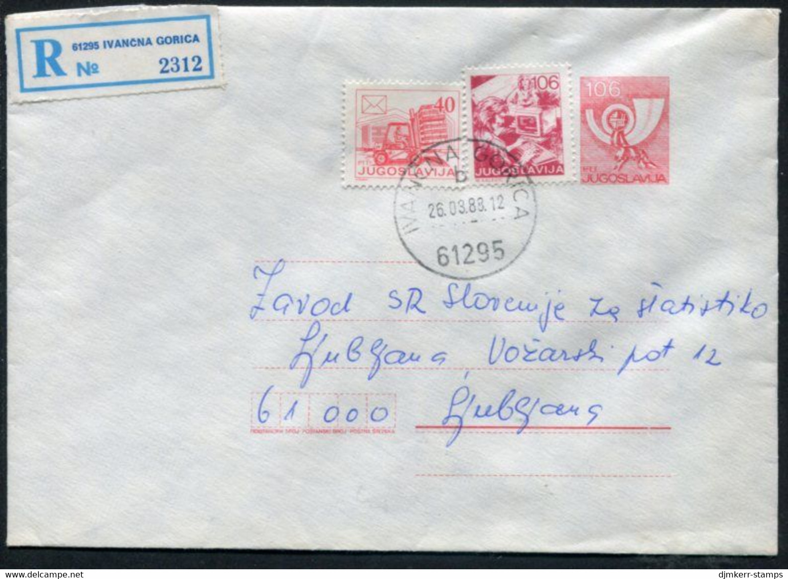 YUGOSLAVIA 1987 Posthorn 106 D.stationery Envelope Registered With Additional Franking.  Michel U80 - Postal Stationery