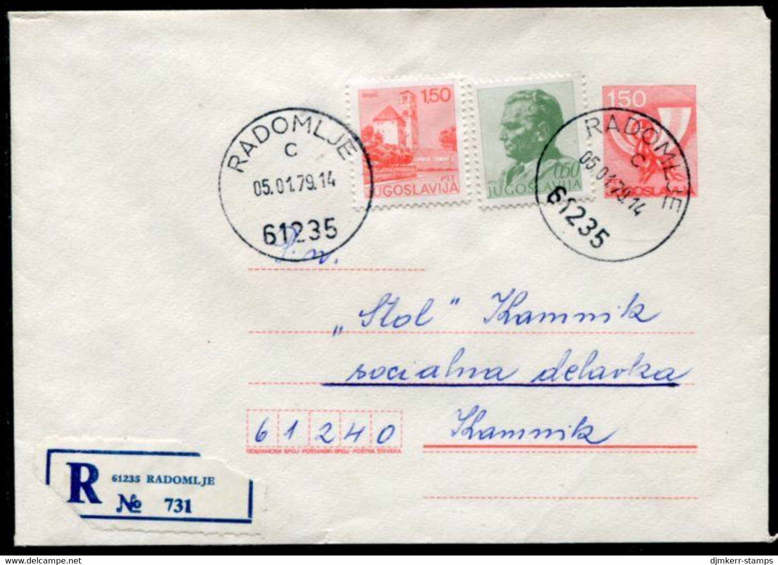 YUGOSLAVIA 1977 Posthorn 1.50 D.stationery Envelope Used With Additional Franking.  Michel U70 - Postal Stationery