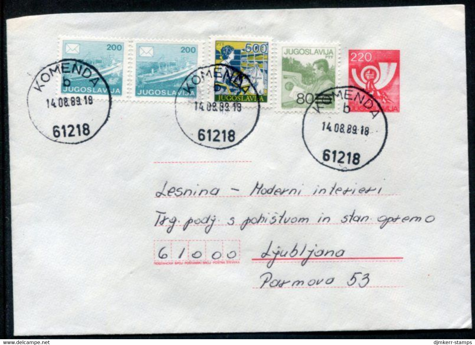 YUGOSLAVIA 1988 Posthorn 220 D.stationery Envelope Used With Additional Franking.  Michel U83 - Postal Stationery