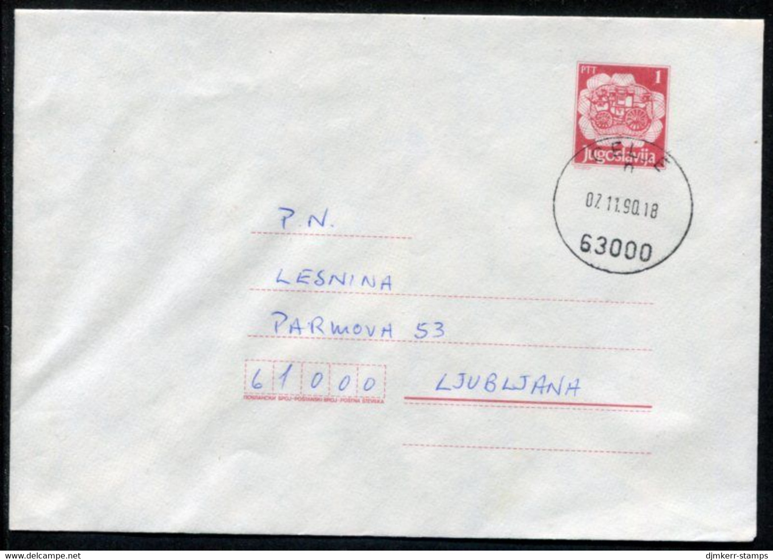 YUGOSLAVIA 1990 Mailcoach 1 D. Stationery Envelope Used Without Additional Franking.  Michel U95 - Interi Postali