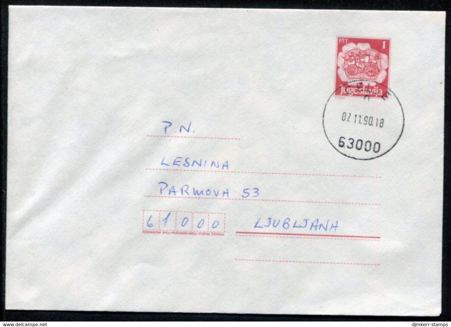 YUGOSLAVIA 1990 Mailcoach 1 D. Stationery Envelope Used Without Additional Franking.  Michel U95 - Postal Stationery