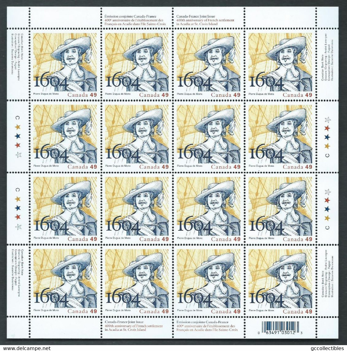 Canada # 2044 - Full Pane Of 16 MNH - French Settlement In Acadia - Fogli Completi