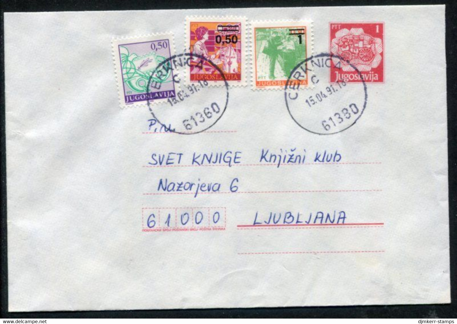 YUGOSLAVIA 1990 Mailcoach 1 D. Stationery Envelope Used With Additional Franking.  Michel U95 - Postwaardestukken