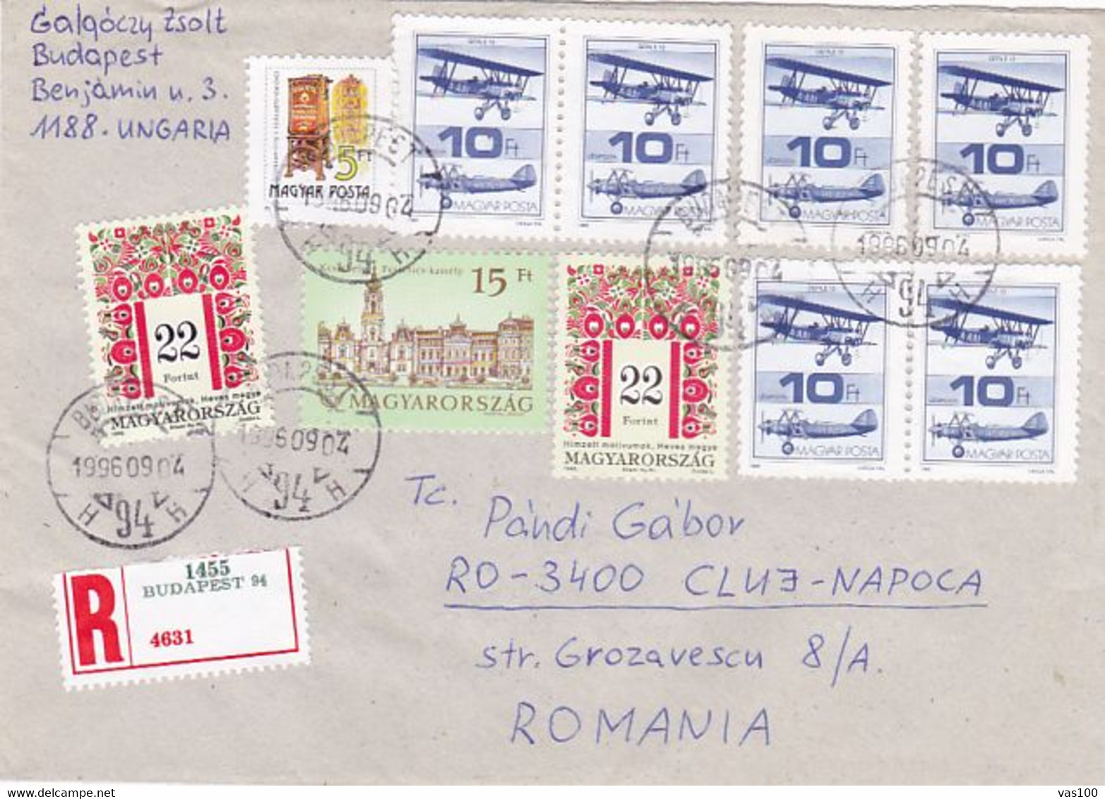 FOLKLORE ART, MACHINE CABINET, CASTLE, PLANE STAMPS ON REGISTERED COVER, 1996, HUNGARY - Covers & Documents