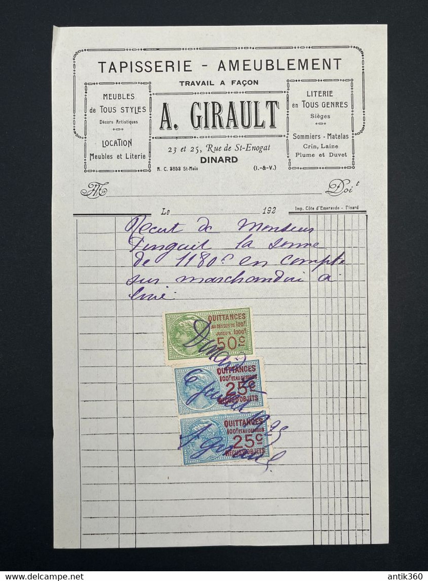 Facture Ancienne Tapisserie Ameublement A. GIRAULT Rue St Enogat à Dinard Ille Et Vilaine - 1900 – 1949