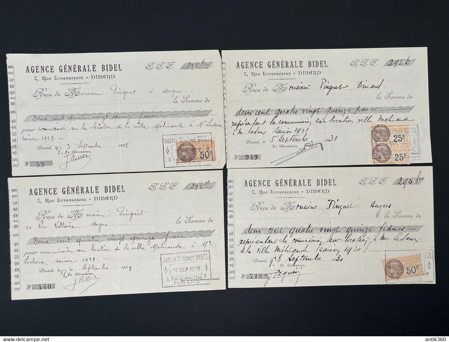 Facture Ancienne - Lot De 4 Reçus Agence Générale BIDEL 7 Rue Levavasseur à Dinard Ille Et Vilaine - 1900 – 1949