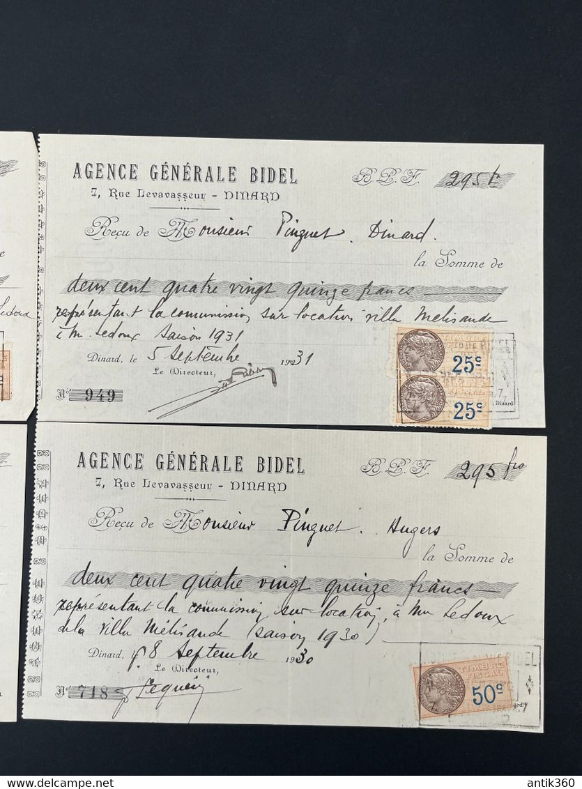 Facture Ancienne - Lot De 4 Reçus Agence Générale BIDEL 7 Rue Levavasseur à Dinard Ille Et Vilaine - 1900 – 1949