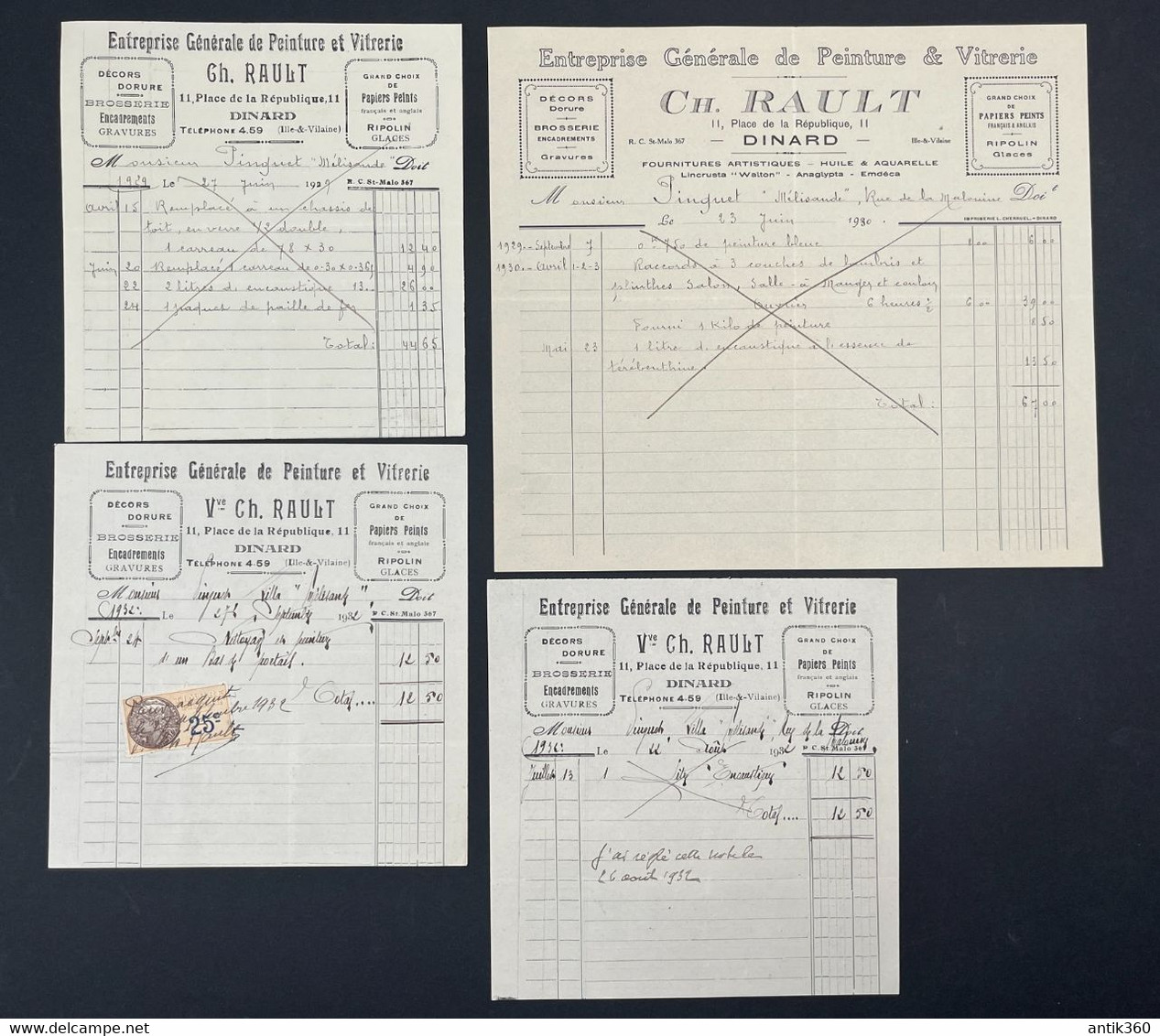 Lot De 4 Factures Anciennes Peintre Vitrier Ch. RAULT 11 Place De La République à Dinard Ille Et Vilaine - 1900 – 1949