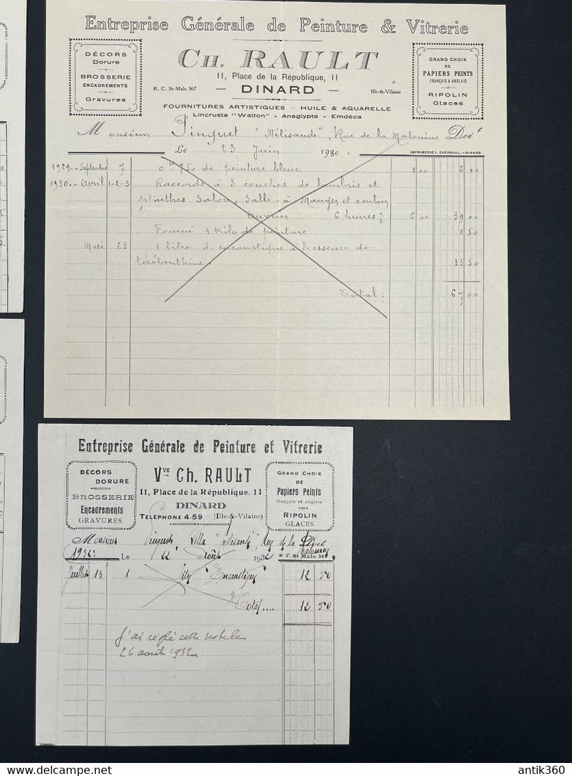 Lot De 4 Factures Anciennes Peintre Vitrier Ch. RAULT 11 Place De La République à Dinard Ille Et Vilaine - 1900 – 1949