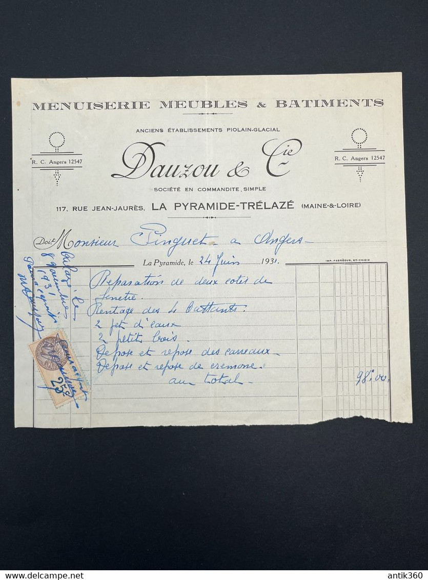Facture Ancienne Menuiserie Meubles Et Bâtiments DAUZOU Et Cie LA PYRAMIDE TRELAZE ANGERS 1931 - 1900 – 1949